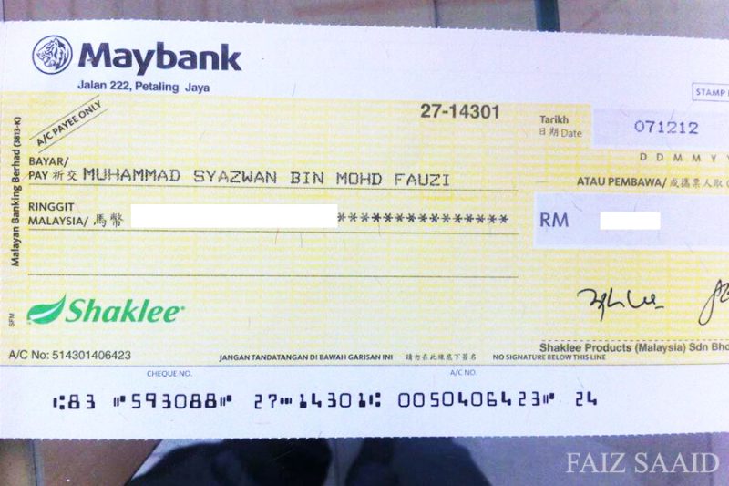 shaklee hantar cek tendang